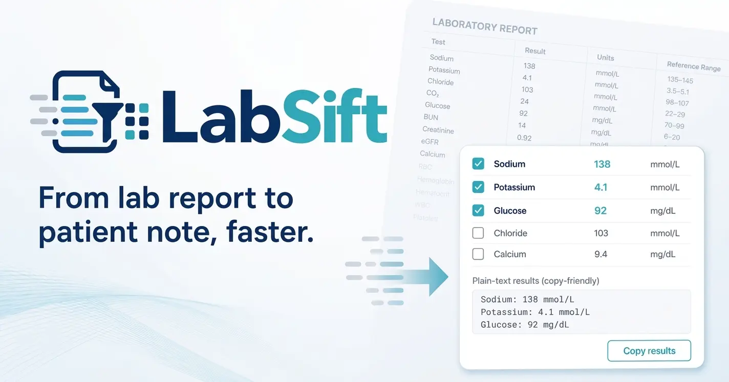 LabSift interface turning a laboratory report into a copy-ready list of results